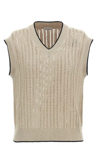 Brunello Cucinelli Open Knit Vest Ribbed Trim In Beige