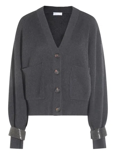 Brunello Cucinelli Embellished Ribbed Cardigan In Gray
