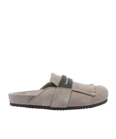 Brunello Cucinelli Suede Slides In Beige