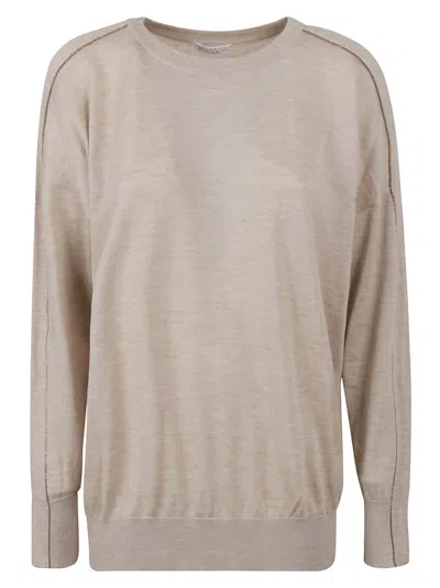 Brunello Cucinelli Embellished Sided Rib Sweater In Gobi