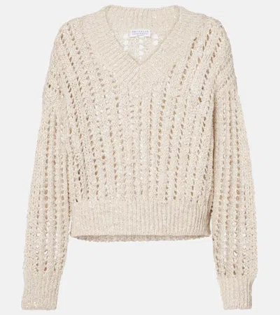 Brunello Cucinelli Embellished Silk And Linen-blend Sweater In Beige