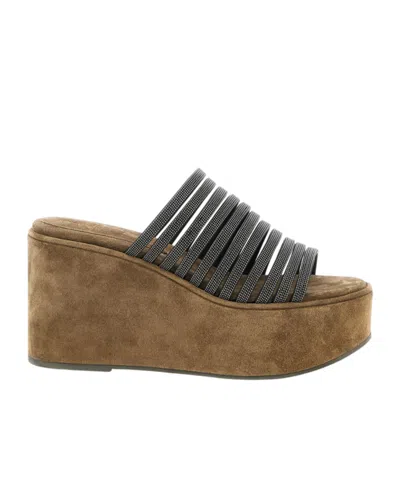 Brunello Cucinelli Embellished Slip On Sandals In Brown