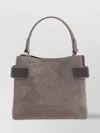 Brunello Cucinelli Embellished Strap Suede Leather Handbag In Gray