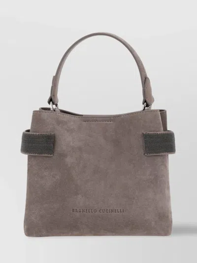 Brunello Cucinelli Embellished Strap Suede Leather Handbag In Gray