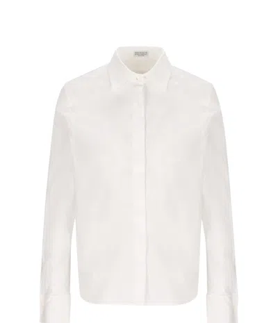 Brunello Cucinelli Embellished Stretch Poplin Shirt In White