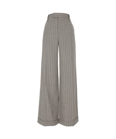 Brunello Cucinelli Embellished Striped Loose Flared Trousers In Grey