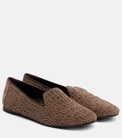 Brunello Cucinelli Embellished Suede Loafers In Brown