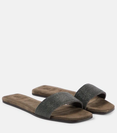 Brunello Cucinelli Embellished Suede Sandals In Grey