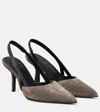Brunello Cucinelli Embellished Suede Slingback Mules In Dark Grey
