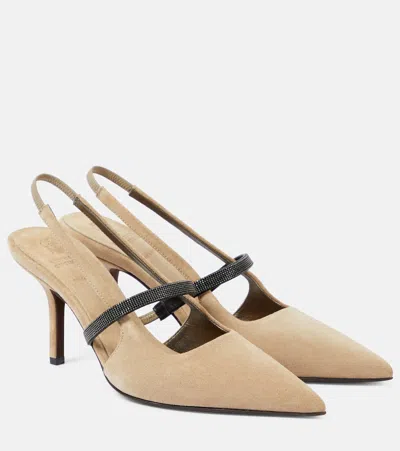 Brunello Cucinelli Embellished Suede Slingback Pumps In Brown