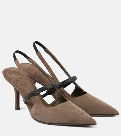 Brunello Cucinelli Slinback Pumps With Precious Strap In Brown