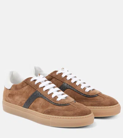 Brunello Cucinelli Embellished Suede Sneakers In Brown