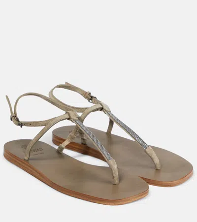 Brunello Cucinelli Embellished Suede Thong Sandals In Darg Beige