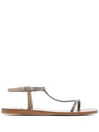 Brunello Cucinelli Embellished T-bar Sandals In Neutrals