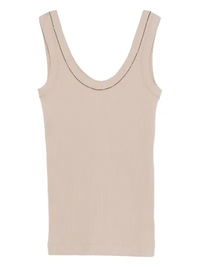 Brunello Cucinelli Ribbed Tank Top Scoop Neckline Trim In Pink