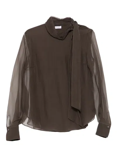 Brunello Cucinelli Embellished Tie-neck Blouse In Brown