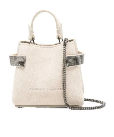 Brunello Cucinelli Embellished Top-handle Coin Pouch In Brown