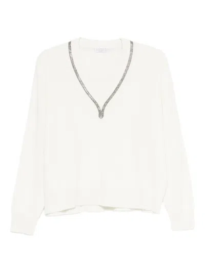 Brunello Cucinelli Embellished V-neck Cashmere Sweater In White