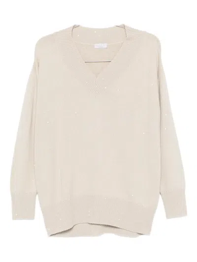 Brunello Cucinelli Embellished V-neck Sweater In Neutral