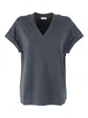 Brunello Cucinelli Short Sleeve V-neck T-shirt With Monili On The Pocket In Blue