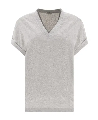 Brunello Cucinelli Embellished V-neck T-shirt In Grey