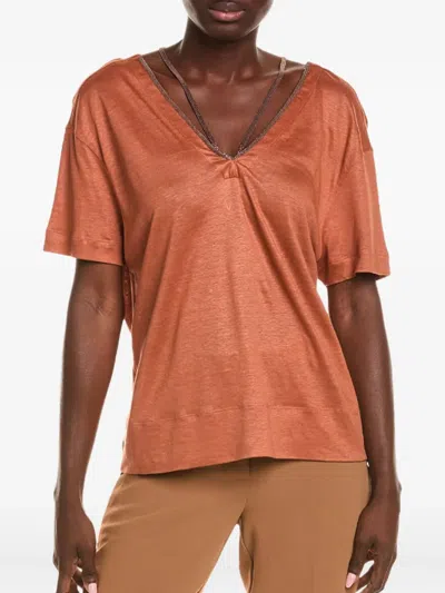 Brunello Cucinelli Embellished V-neck T-shirt In Orange