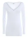 Brunello Cucinelli White V-neck Pullover With Beads Detailing In Stretch Cotton Woman Brunello Cucin In White