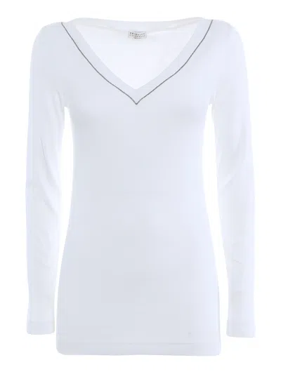 Brunello Cucinelli Embellished V-neck T-shirt In White