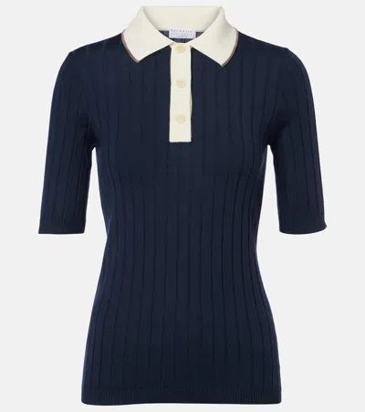 Brunello Cucinelli Embellished Wool And Cashmere Polo Sweater In Blue