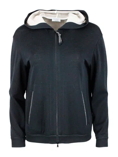 Brunello Cucinelli Embellished Zip Up Hoodie In Negro
