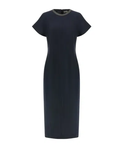 Brunello Cucinelli Embellishement-collar Midi Dress In Blue