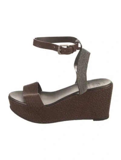 Pre-owned Brunello Cucinelli Embossed Leather Beaded Accents Sandals In Brown