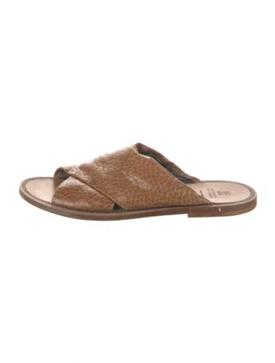 Pre-owned Brunello Cucinelli Embossed Leather Beaded Accents Slides In Brown