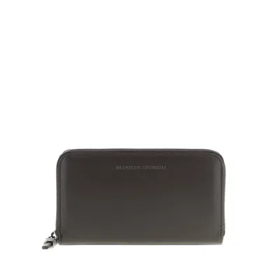 Brunello Cucinelli Embossed-logo Zip Wallet In Brown