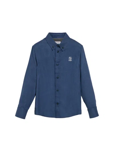 Brunello Cucinelli Kids' Embroidered Button-down Shirt In Blue
