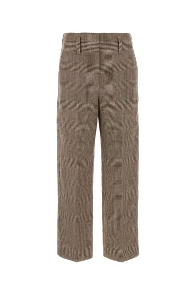 Brunello Cucinelli Embroidered Checked Linen Pants For Women In Brown