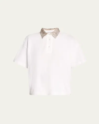 Brunello Cucinelli Embroidered Collar Cotton Piquet Polo Shirt In White