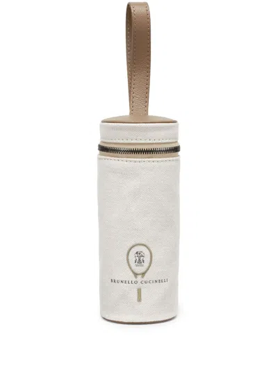 Brunello Cucinelli Embroidered Cotton-linen Handbag In White