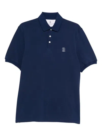 Brunello Cucinelli Embroidered Cotton Polo Shirt In Navy Blue