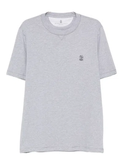 Brunello Cucinelli Embroidered Cotton T-shirt In Gray