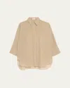 Brunello Cucinelli Embroidered-cuff Cotton Gauze 3/4-sleeve Shirt In Coffee Cream