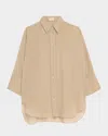 Brunello Cucinelli Embroidered-cuff Cotton Gauze 3/4-sleeve Shirt In Coffee Cream