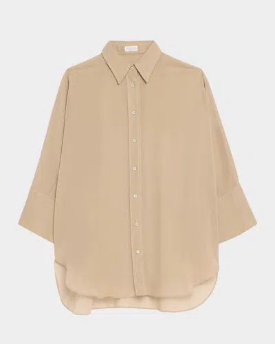 BRUNELLO CUCINELLI EMBROIDERED-CUFF COTTON GAUZE 3/4-SLEEVE SHIRT