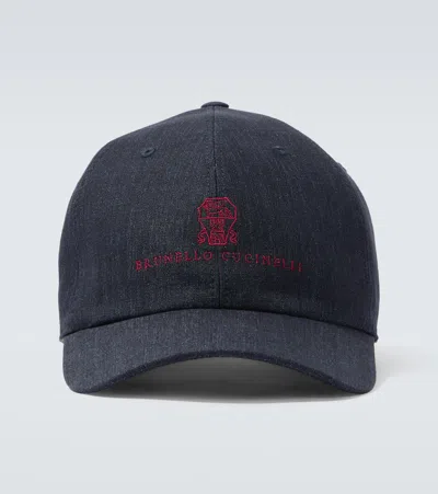 Brunello Cucinelli Embroidered Denim Baseball Cap In Blue