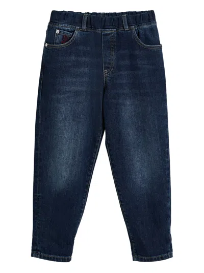 Brunello Cucinelli Kids' Embroidered Elasticated-waist Jeans In Blue