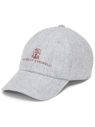 Brunello Cucinelli Embroidered Flannel Cap In Neutrals