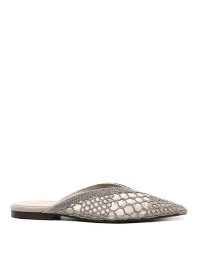 Brunello Cucinelli Embroidered Flat Mules In Grey
