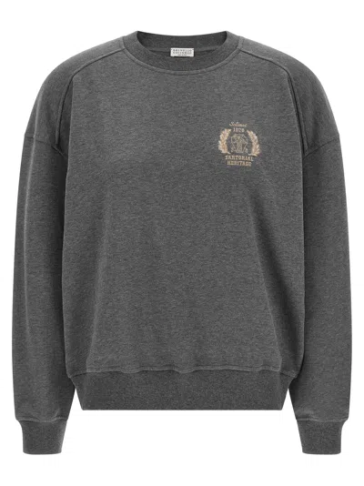 Brunello Cucinelli Embroidered Heritage Logo Cotton Sweatshirt In Gray