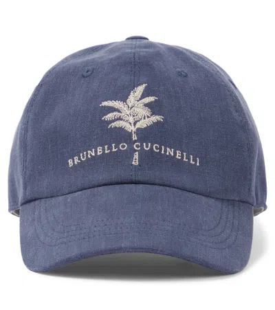 Brunello Cucinelli Kids' Embroidered Linen Baseball Cap In Blue