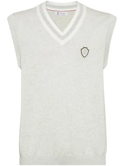 Brunello Cucinelli Embroidered Logo Cotton Vest In Gray
